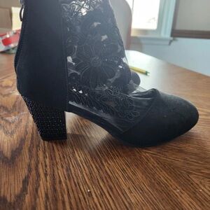 next Black Floral Lace Block Heel Boots